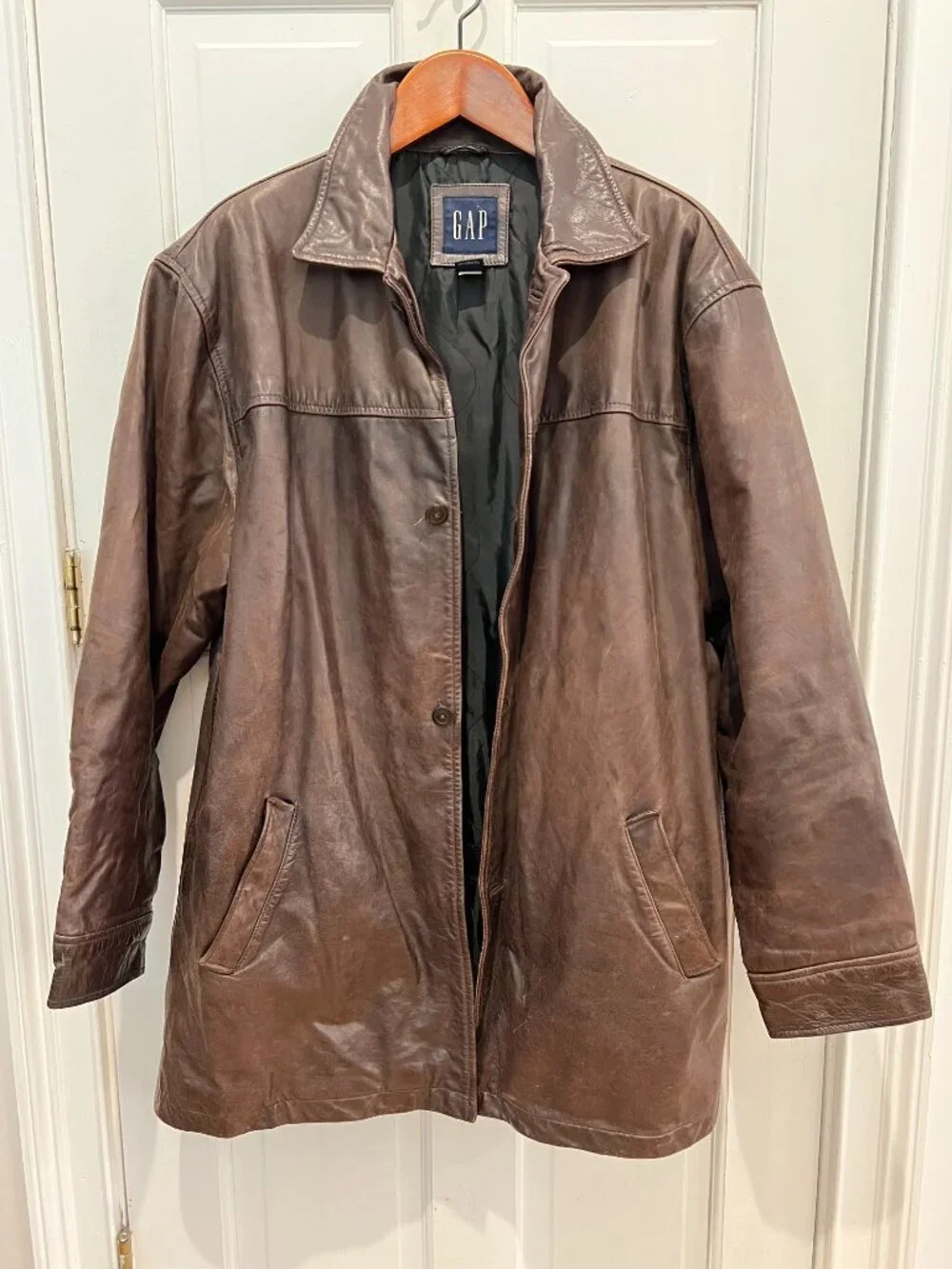 Gap Vintage Distressed Men’s Brown Leather Car Coat Jacket Button-Down Y2K